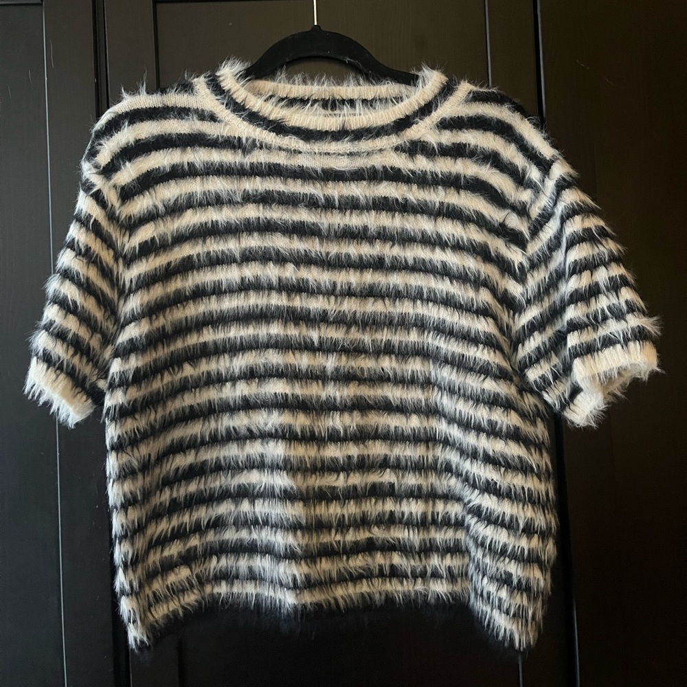 Dressed In LALA Fuzzy Striped Short Sleeve Sweater Tee - Black & White